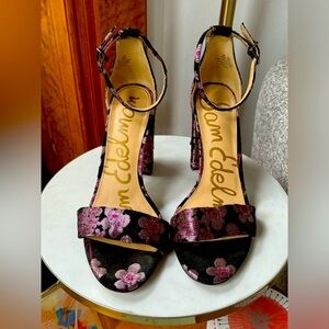 Sam Edelman Yaro Embellished Block Heels - Black + Purple Jacquard with Crystals